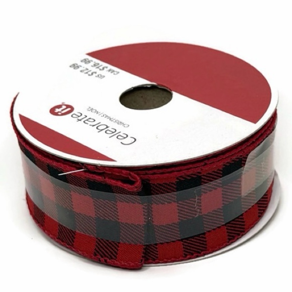 Buffalo Check Plaid Black Red Wired Ribbon 1 1/2” Wide